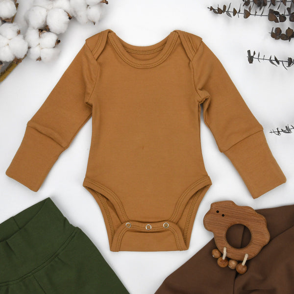 Organic Cotton Long Sleeve Baby Bodysuit, Camel Organic Earthy Clothing