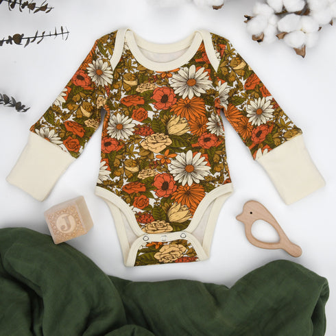 Organic Cotton Long Sleeve Baby Bodysuit, Daisy Organic Earthy Clothing