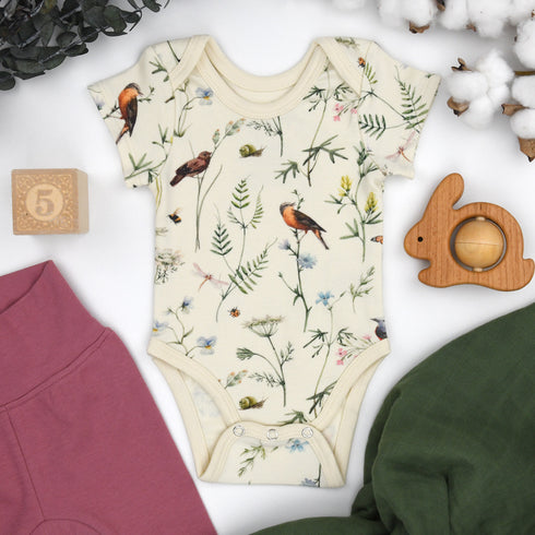 Organic Cotton Short Sleeve Baby Bodysuit, Finch Organic Earthy Clothing