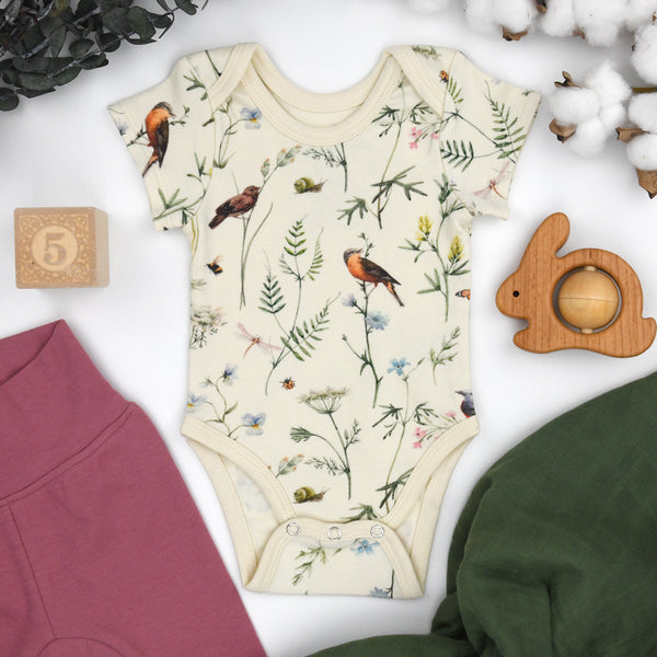 Organic Cotton Short Sleeve Baby Bodysuit, Finch Organic Earthy Clothing