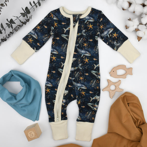 Organic Cotton Baby Pajamas 2-Way Zip Front Zipper Sleeper, Poseidon Organic Earthy Clothing