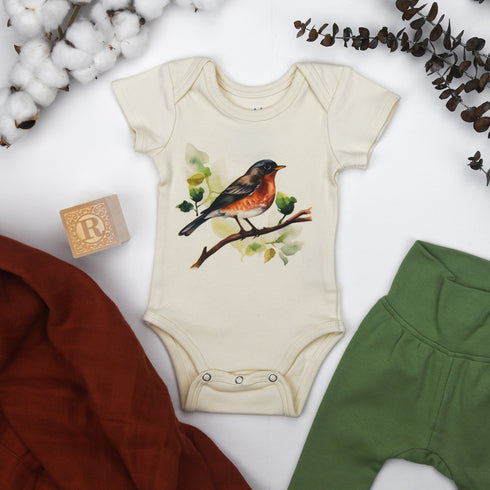 Organic Cotton Short Sleeve Baby Bodysuit, Robin Organic Earthy Clothing