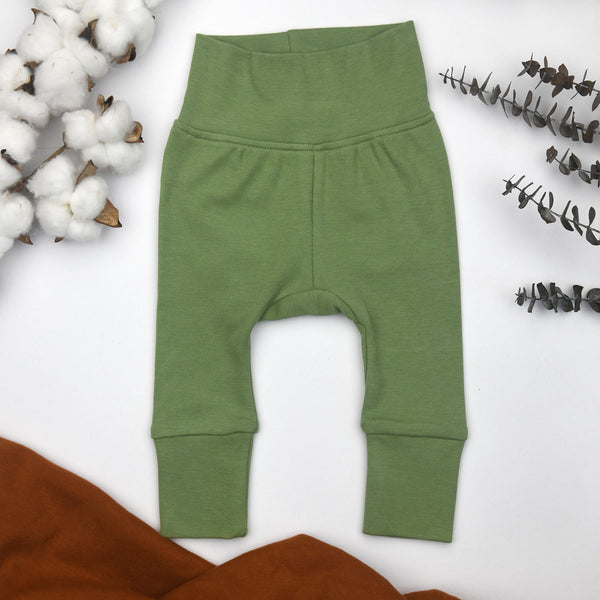 Organic Cotton High Waist Baby Pants, Sage Green Organic Earthy Clothing