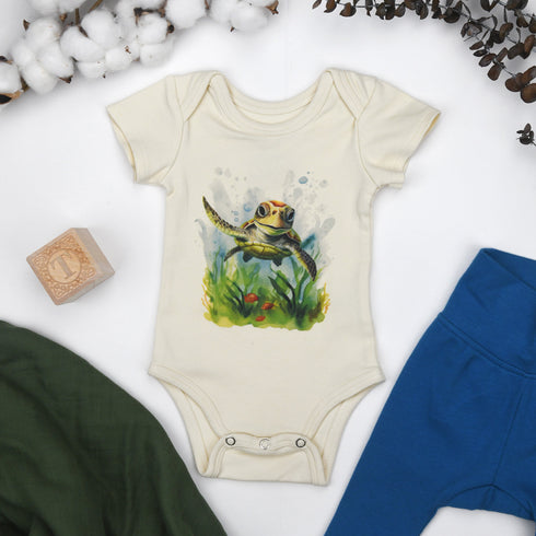Organic Cotton Short Sleeve Baby Bodysuit, Honu Organic Earthy Clothing