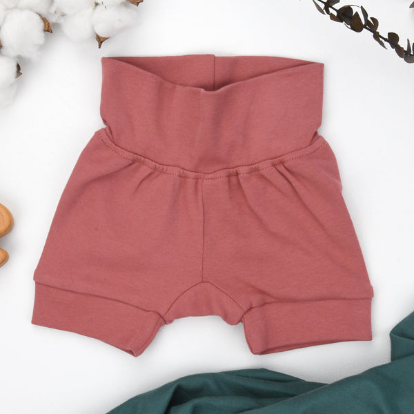 Organic Cotton High Waist Baby Shorts, Dusty Rose Organic Earthy Clothing