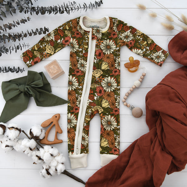 Organic Cotton Baby Pajamas 2-Way Zip Front Zipper Sleeper, Daisy Organic Earthy Clothing