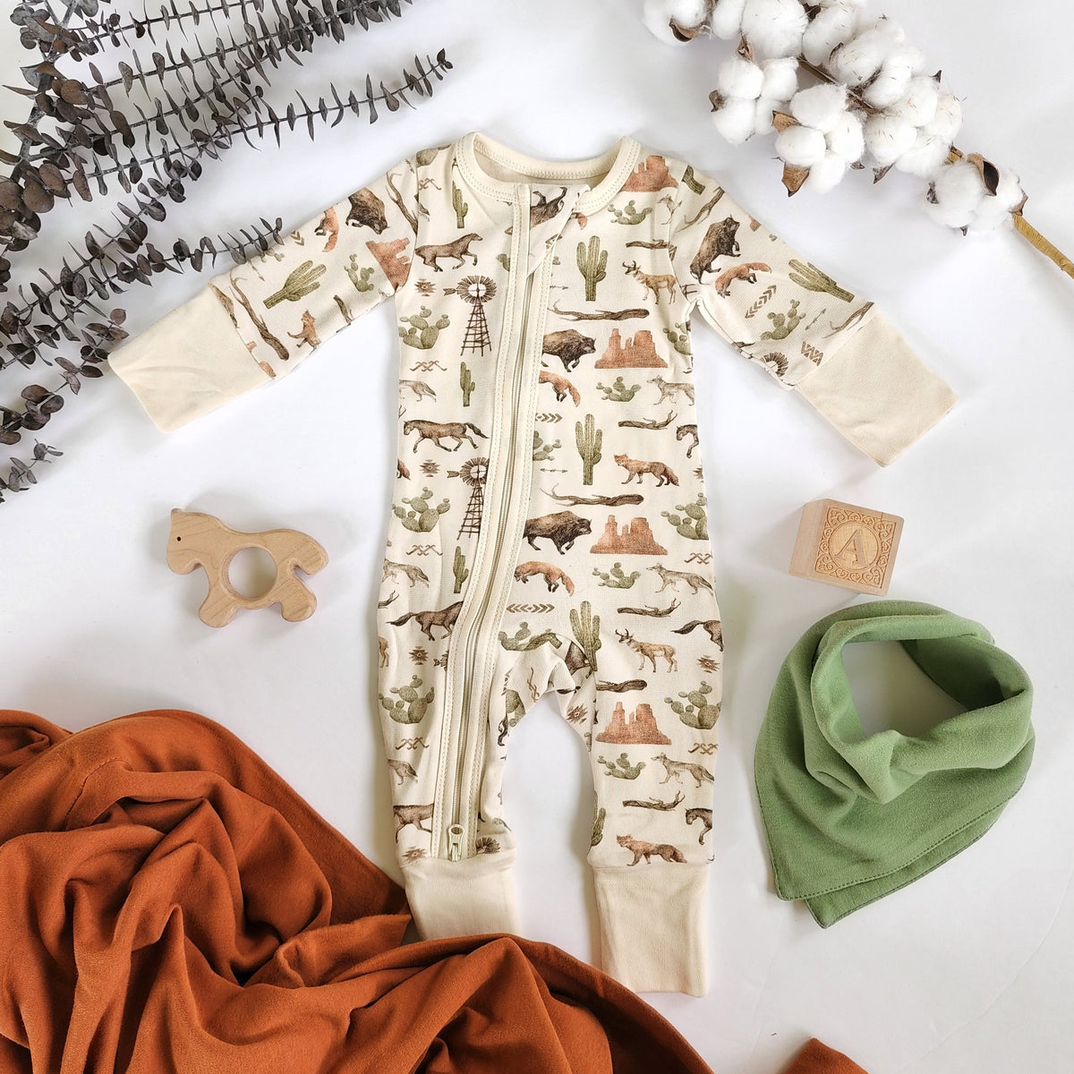 Organic Cotton Baby Pajamas 2Way Zip Front Zipper Sleeper, Wild West